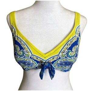 Lands' End Bikini Top Womens 8 Blue Yellow Excellent Paisley Tie‎ Front V-Neck